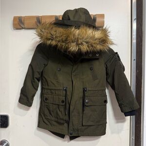 Zara kids Olive Green Parka with removable Faux Fur Hood
